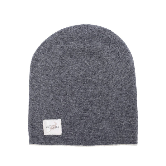 Gray beanie with a brand label on a white background
