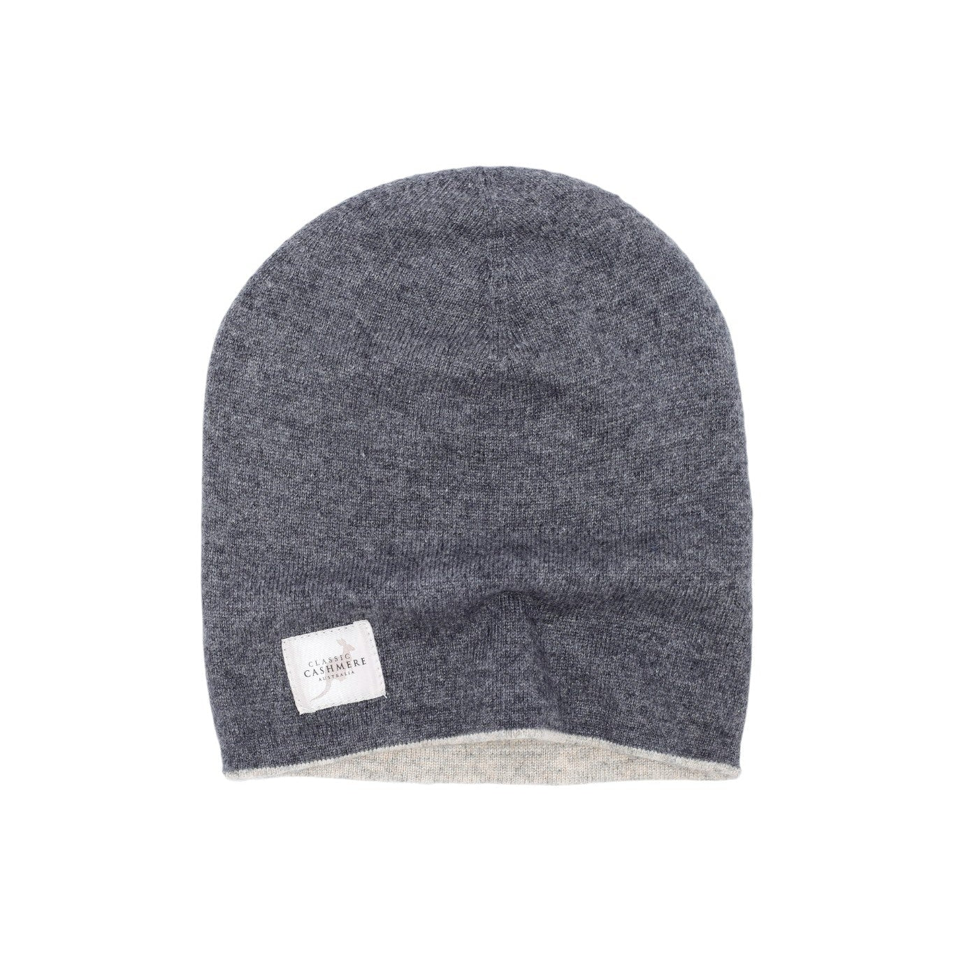 Gray beanie with a white label on a white background