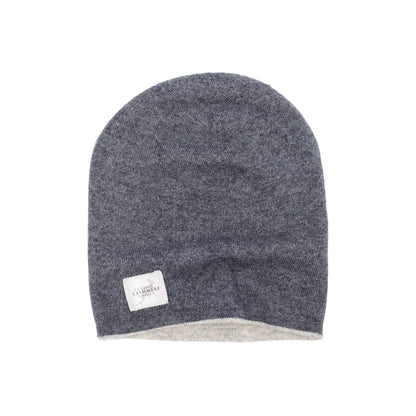 Gray beanie with a white label on a white background