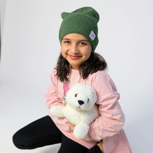 Kids Bottle Green Cashmere Beanie – Soft & Warm Winter Hat
