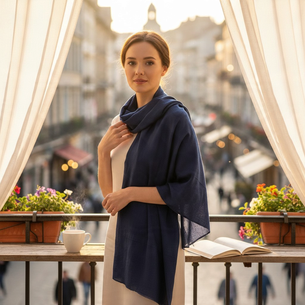 My Store navy blue lightweight pure cashmere shawl draped over a woman standing on a sunny balcony