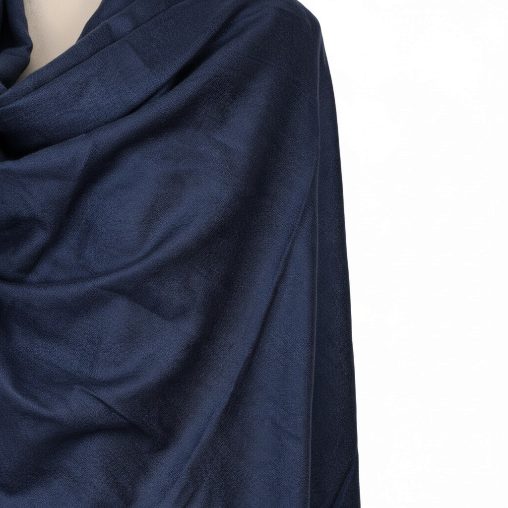 My Store navy blue lightweight pure cashmere shawl draped elegantly over shoulders