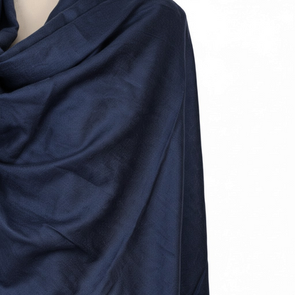 My Store navy blue lightweight pure cashmere shawl draped elegantly over shoulders